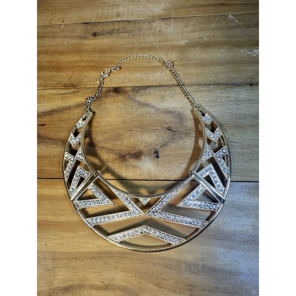 Egyptian Golden Tone Crescent Shaped Rhinestone Accented Necklace
